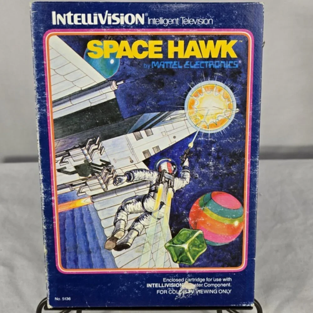 Space Hawk, Intellivision, Mattel 1981 Complete box overlays manual vintage Exc
